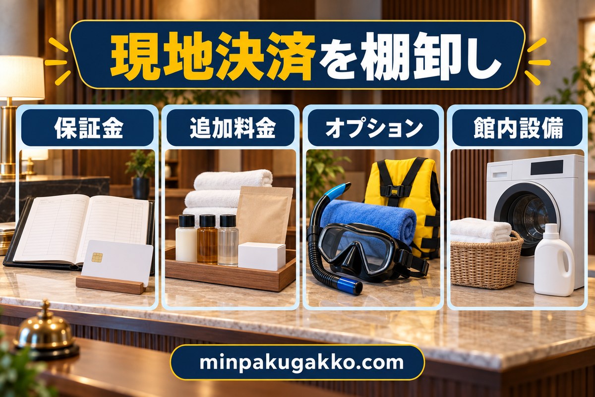 民泊で発生する保証金・追加料金・オプション・館内設備の決済を整理する図