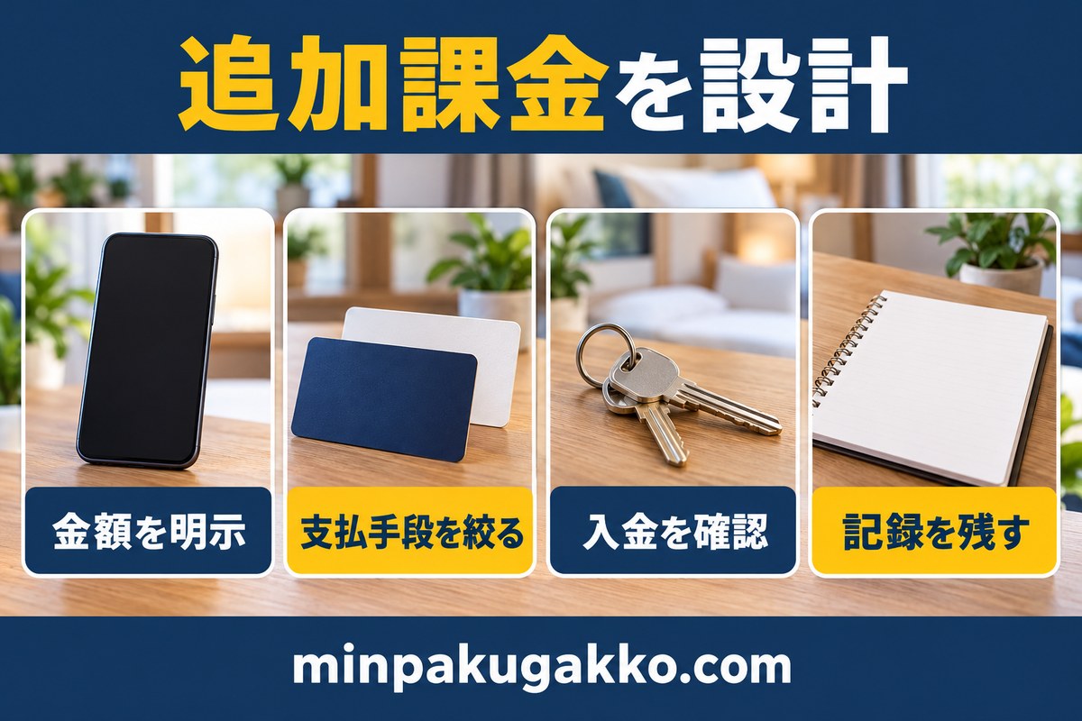 追加課金を金額明示・支払手段・入金確認・記録で設計する図