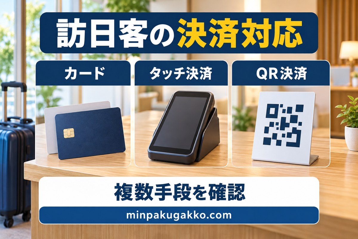 訪日客向けにカード・タッチ決済・QR決済の対応を確認する図