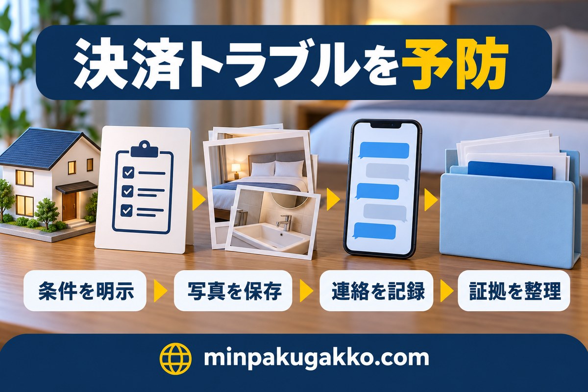 決済トラブルを条件明示・写真保存・連絡記録・証拠整理で予防する図