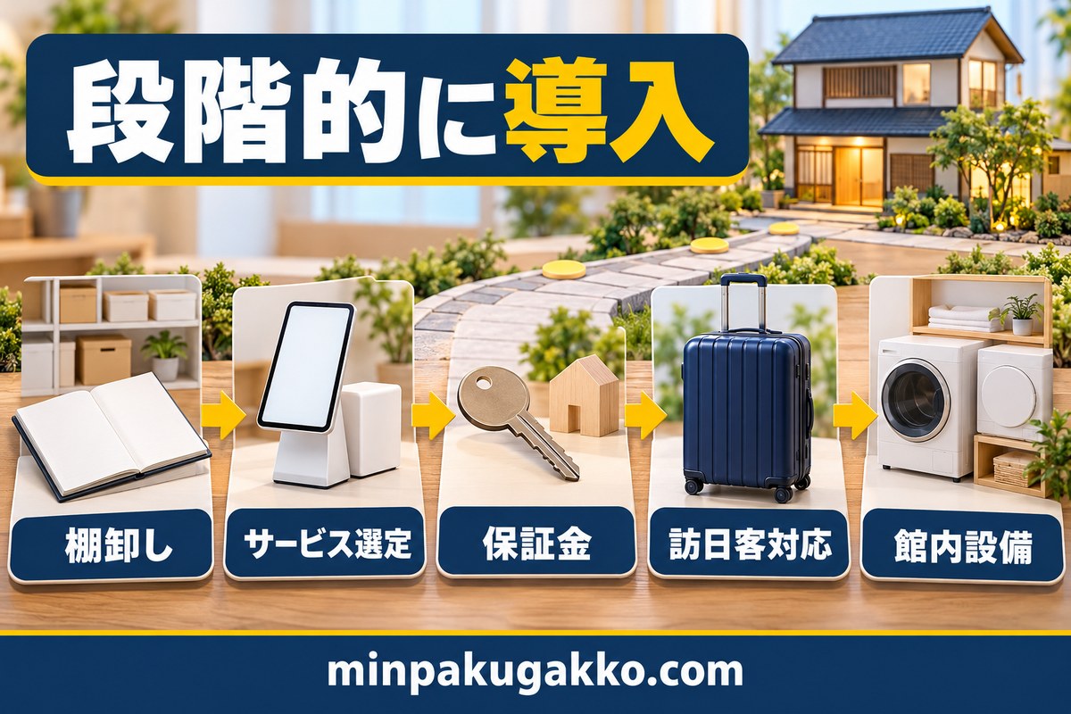 キャッシュレス決済を棚卸しから館内設備まで段階的に導入する図