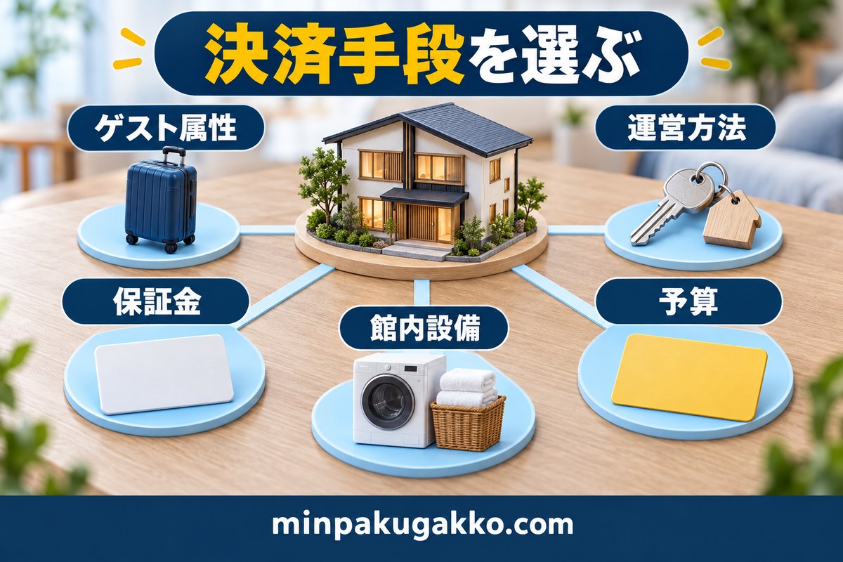 ゲスト属性・運営方法・保証金・館内設備・予算で決済手段を選ぶ図
