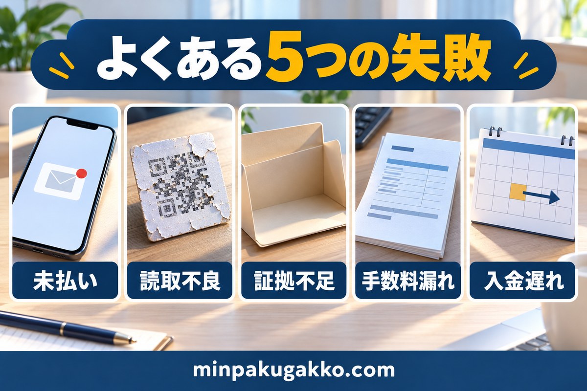 キャッシュレス化の未払い・読取不良・証拠不足・手数料漏れ・入金遅れを整理する図