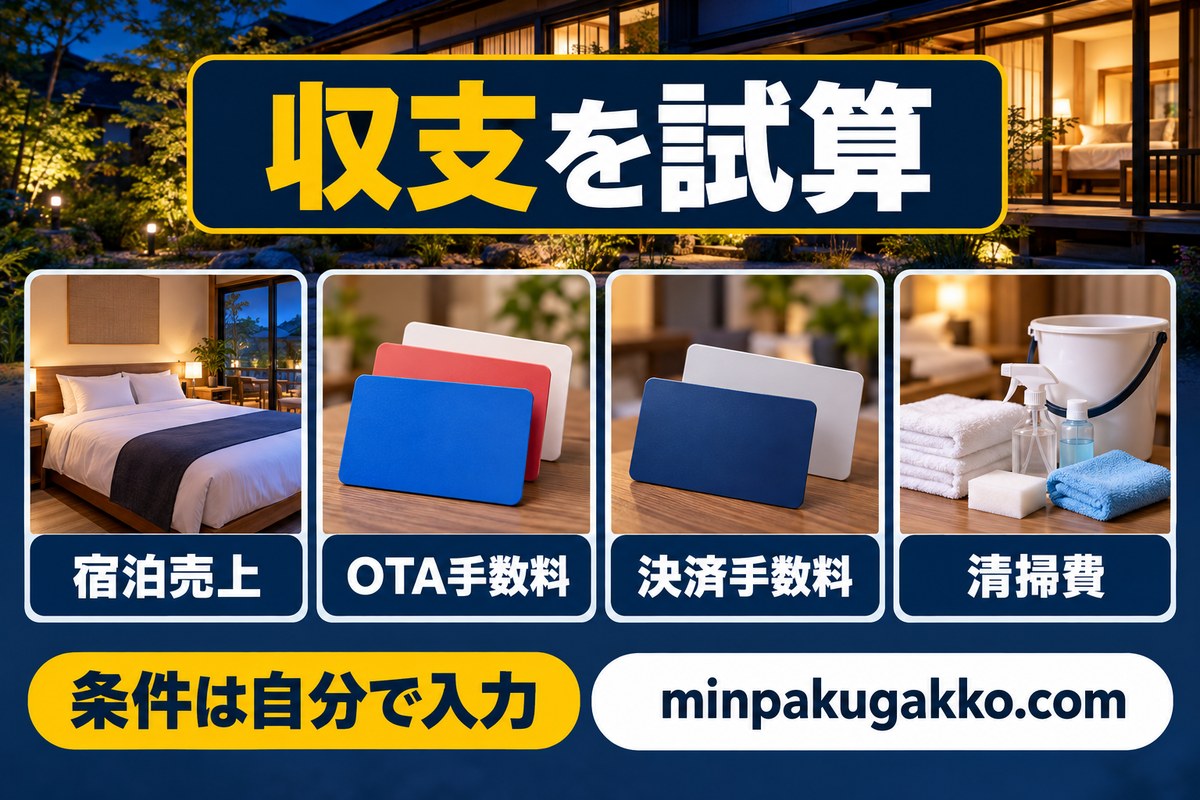 宿泊売上・OTA手数料・決済手数料・清掃費を含めて収支を試算する図