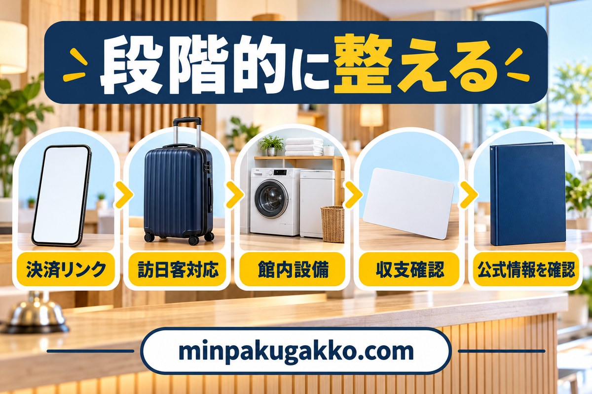 決済リンク・訪日客対応・館内設備・収支・公式情報を段階的に整える図
