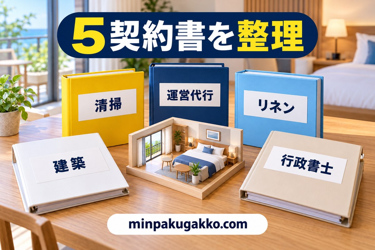 運営代行・清掃・リネン・建築・行政書士の5契約書を整理する図