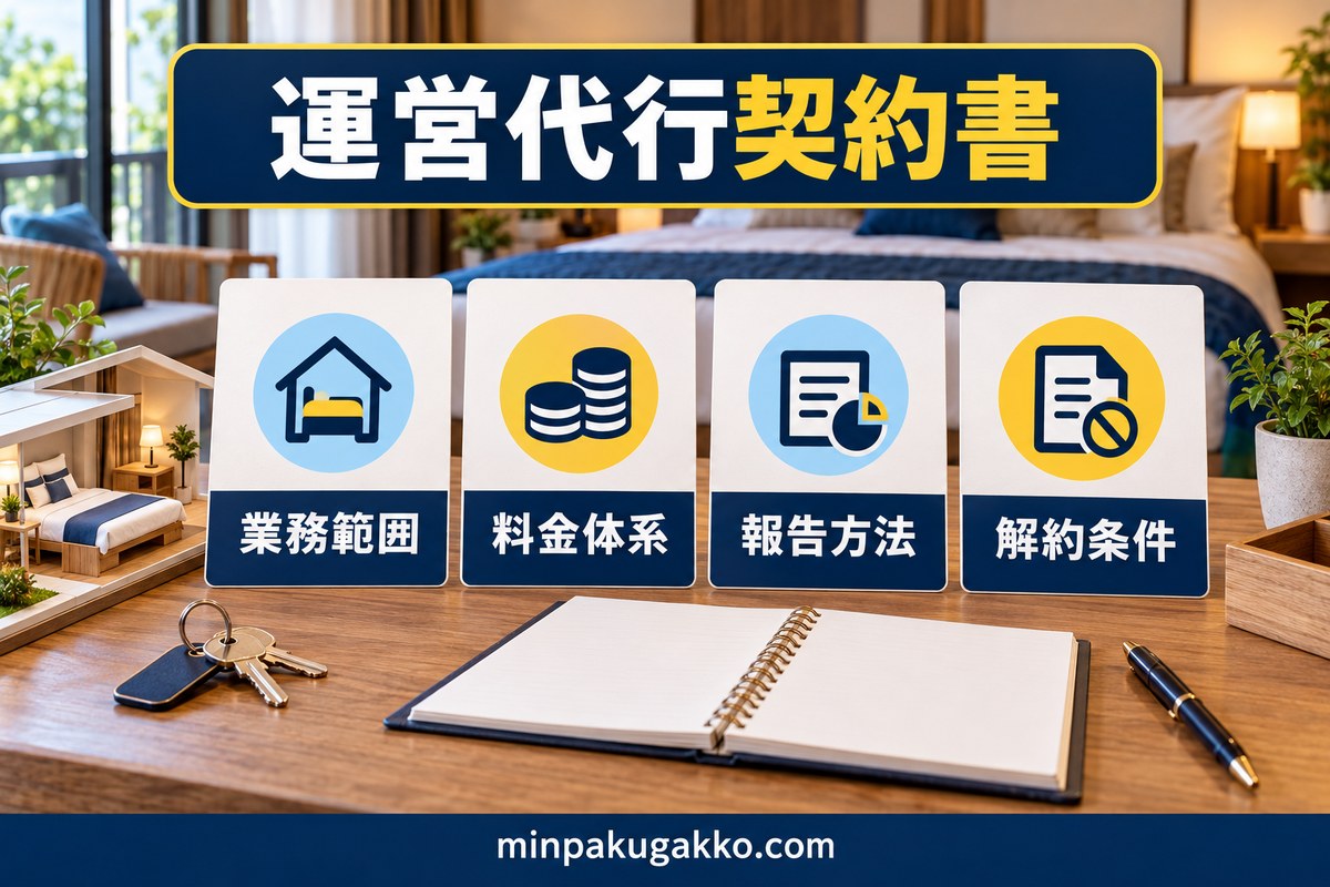 運営代行契約書の業務範囲・料金体系・報告方法・解約条件を確認する図
