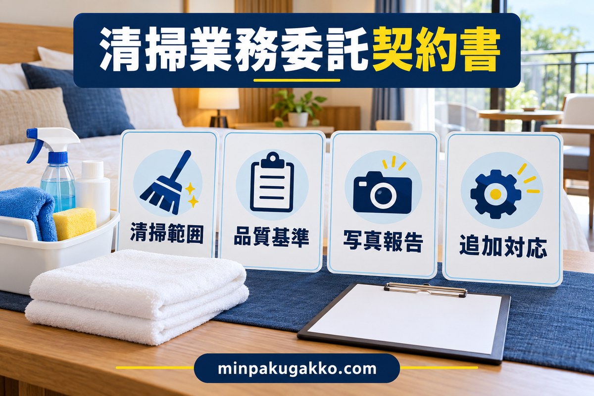 清掃業務委託契約書の清掃範囲・品質基準・写真報告・追加対応を確認する図