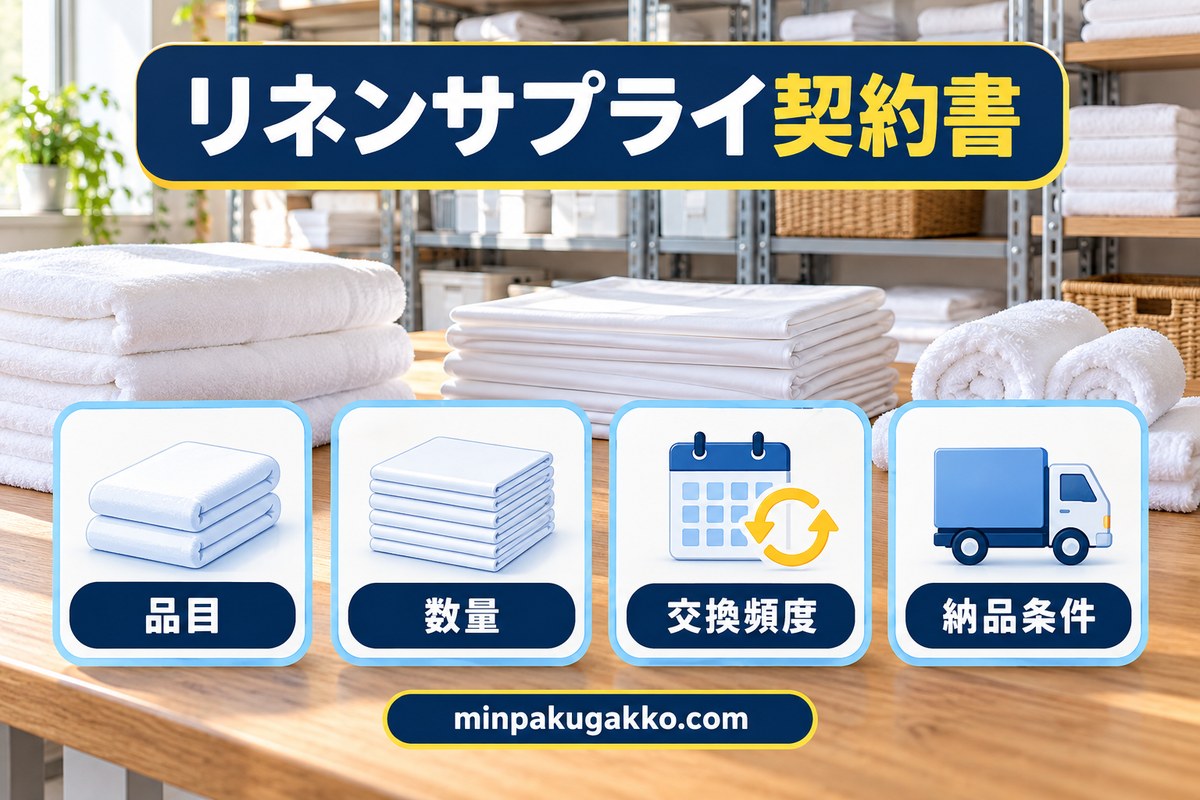 リネンサプライ契約書の品目・数量・交換頻度・納品条件を確認する図