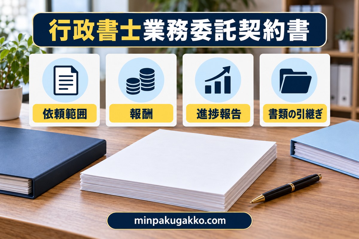 行政書士業務委託契約書の依頼範囲・報酬・進捗報告・書類引継ぎを確認する図