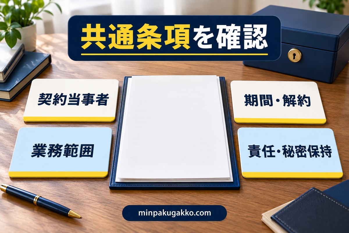 契約当事者・業務範囲・期間と解約・責任と秘密保持の共通条項を確認する図
