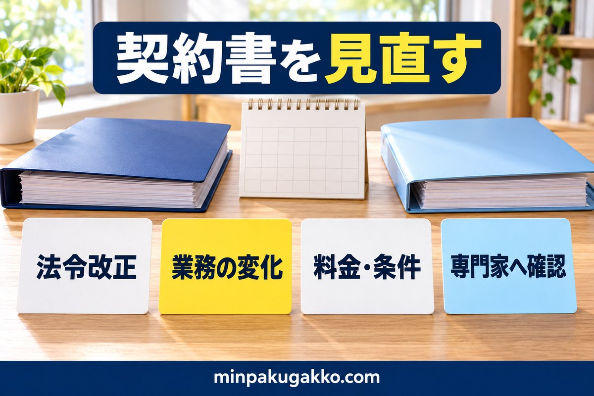 法令改正・業務変化・料金条件・専門家確認に合わせて契約書を見直す図