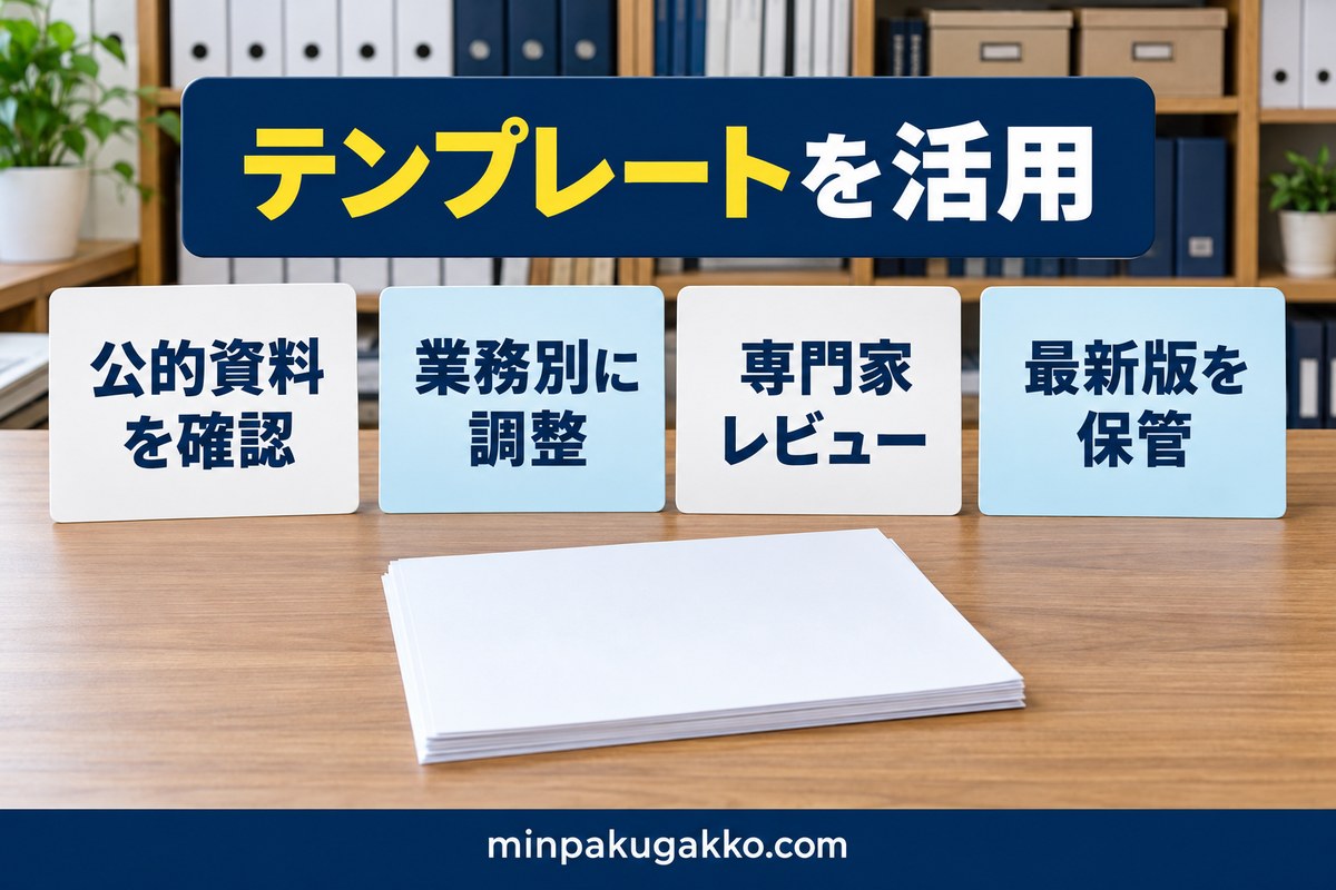 公的資料確認・業務別調整・専門家レビュー・最新版保管でテンプレートを活用する図