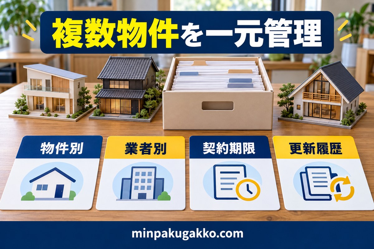 複数物件の契約書を物件別・業者別・期限・更新履歴で管理する図