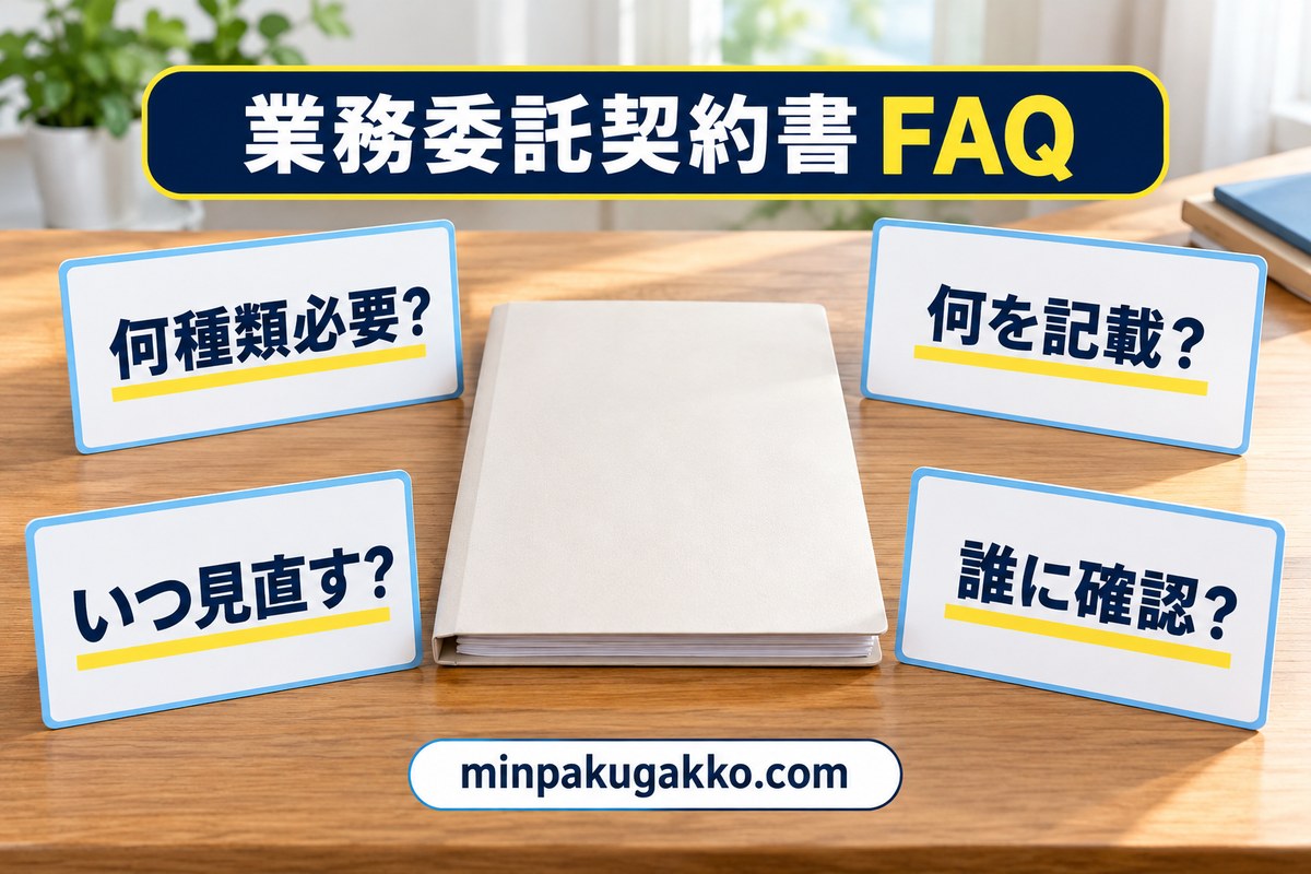業務委託契約書の種類・記載事項・見直し時期・確認先の質問を整理する図