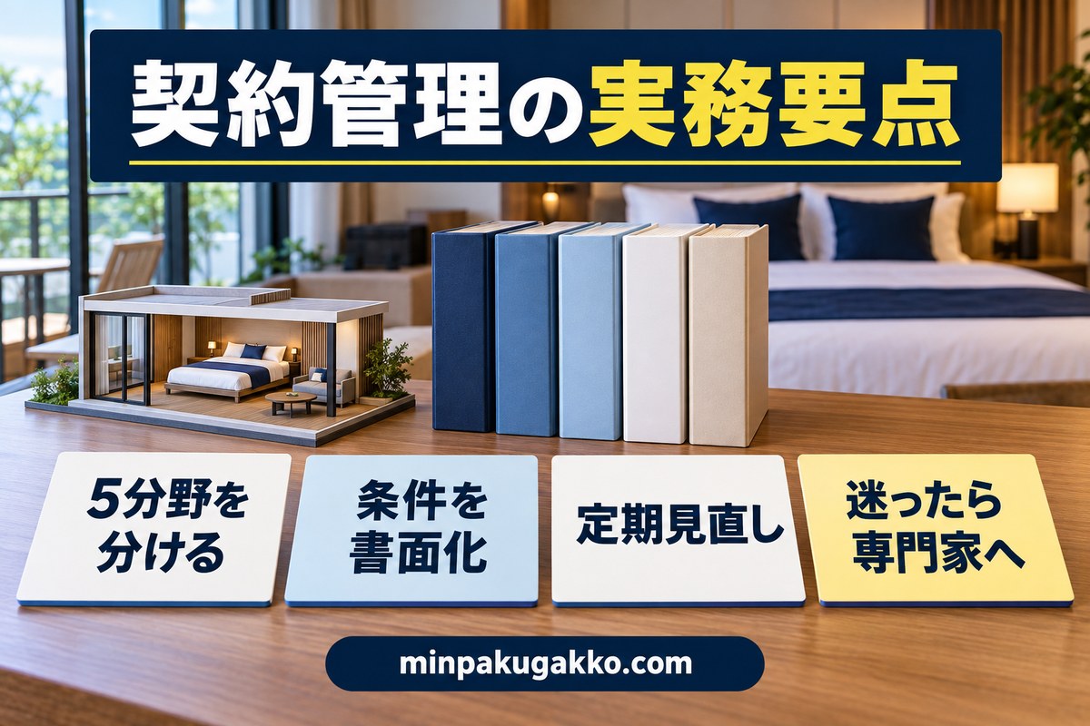 5分野の契約書・書面化・定期見直し・専門家確認をまとめる図