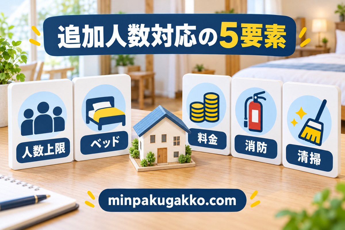 民泊の追加人数対応を人数上限・ベッド・料金・消防・清掃で整理する図