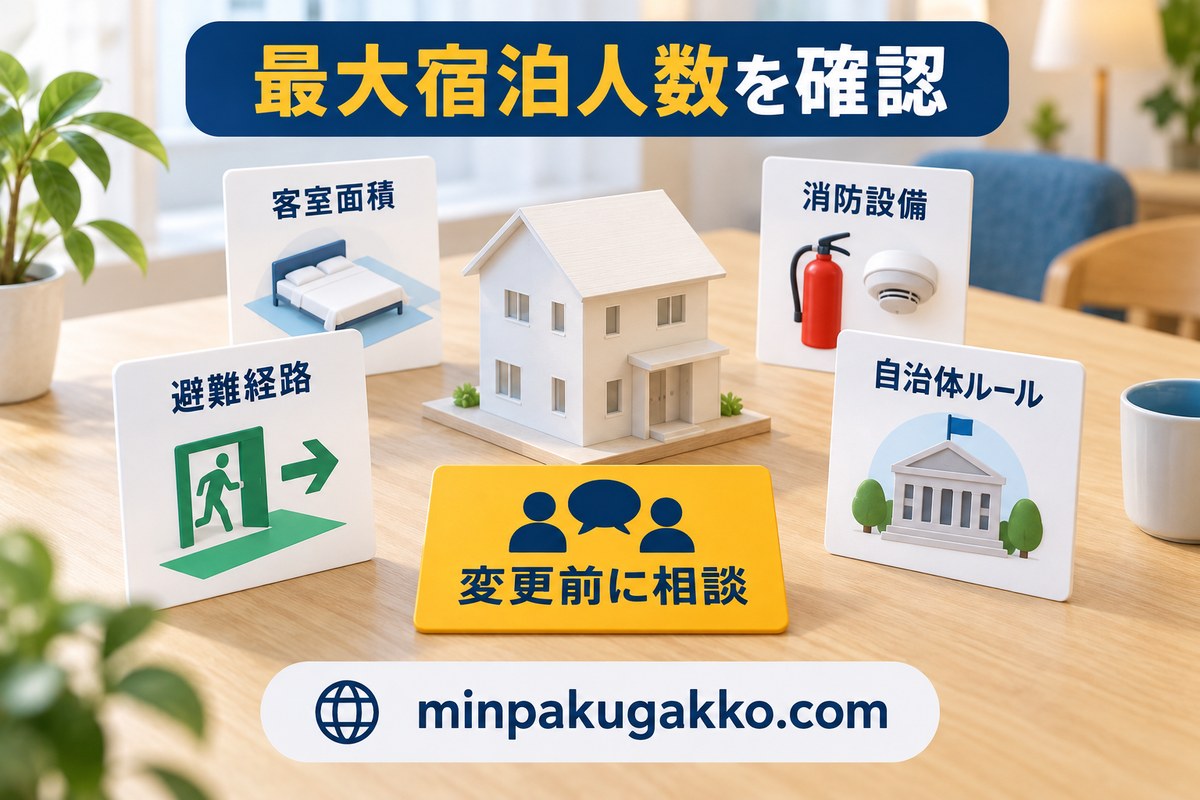 最大宿泊人数を客室面積・消防設備・避難経路・自治体ルールで確認する図