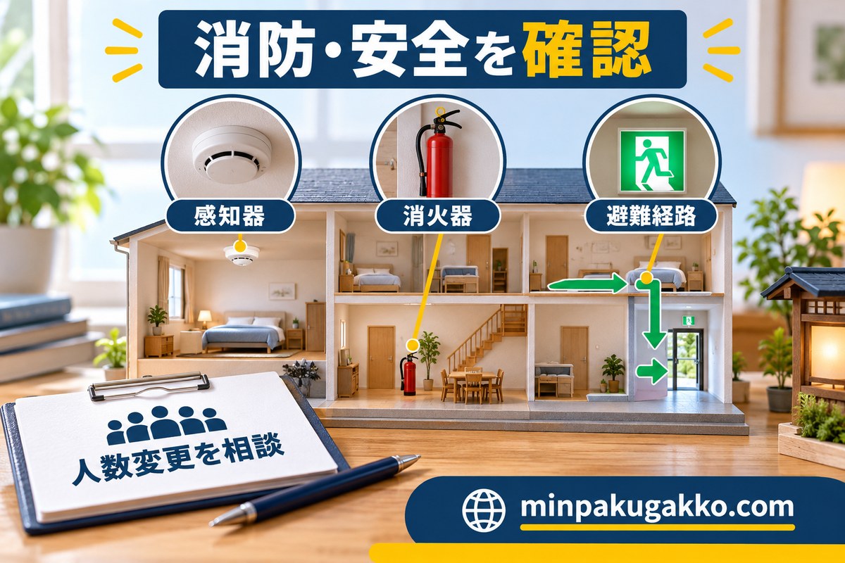 追加人数対応で感知器・消火器・避難経路を確認する図