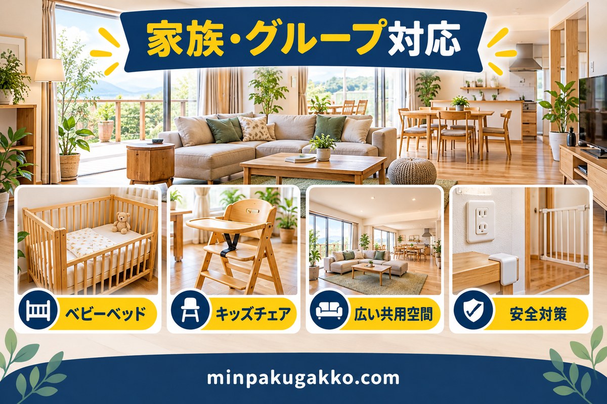 家族・グループ向けに寝具・共用空間・安全対策を整える図