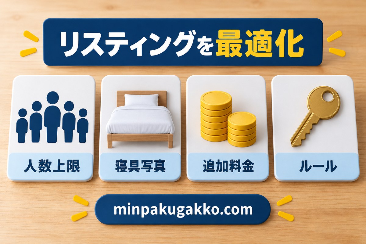 民泊リスティングで人数上限・寝具写真・追加料金・ルールを示す図