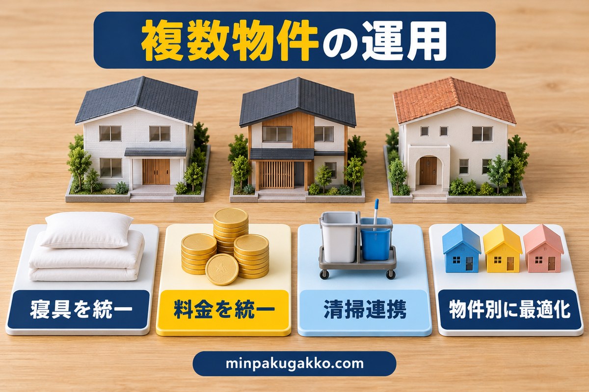複数物件で寝具・料金・清掃連携を共通化する図