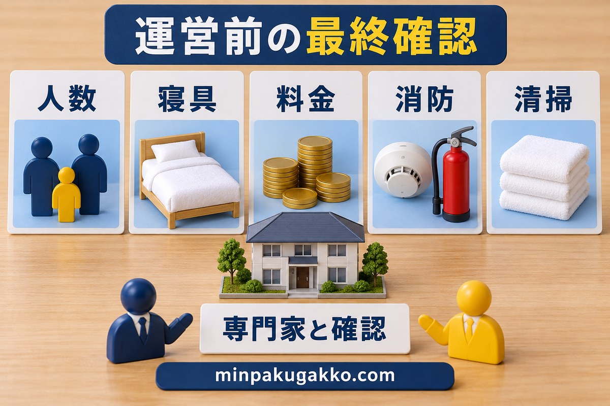 民泊の追加人数運営前に人数・寝具・料金・消防・清掃を確認する図