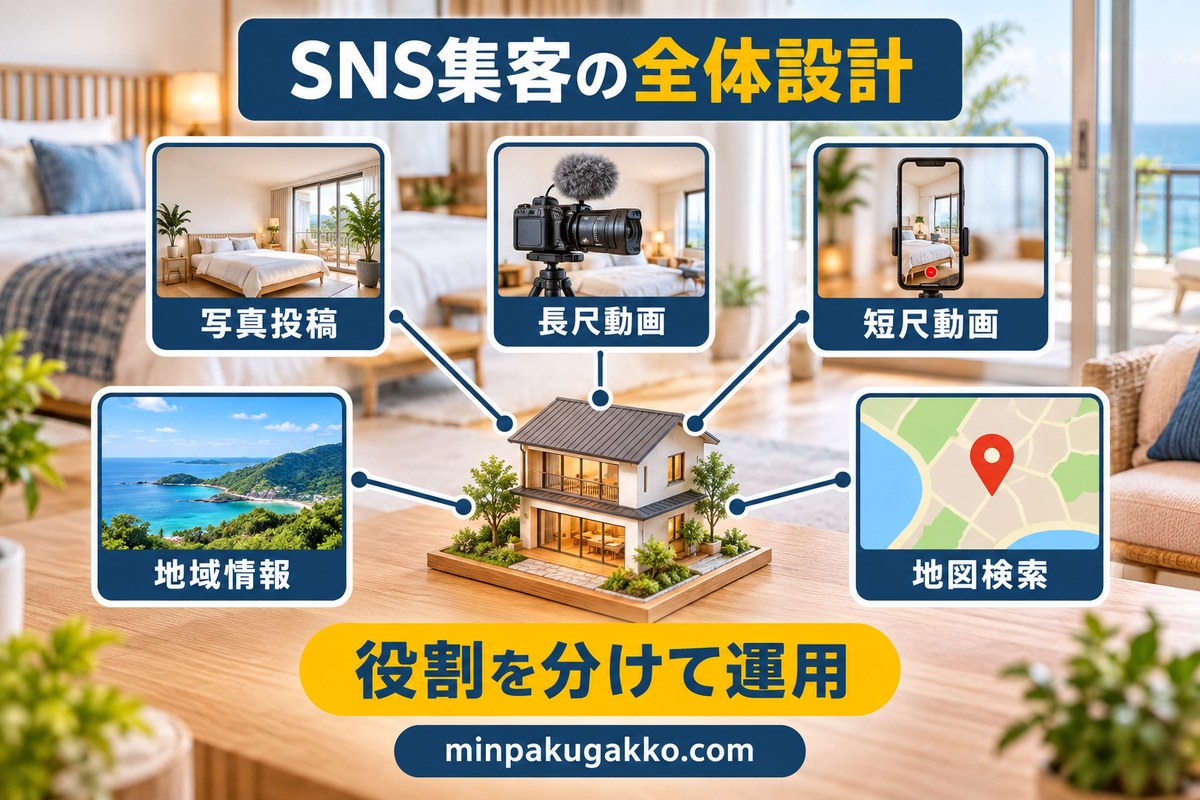 民泊SNS集客で5種類の発信手段を使い分ける図