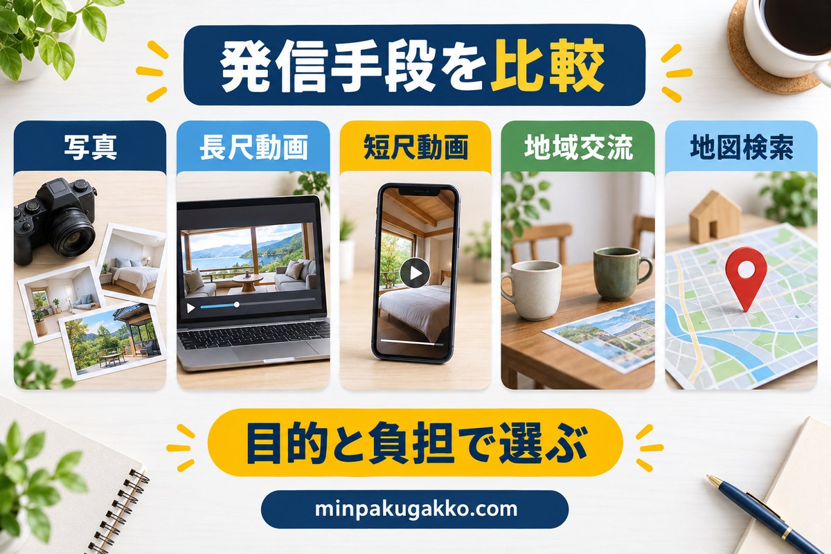 民泊向けSNSの発信手段を目的と運用負担で比較する図
