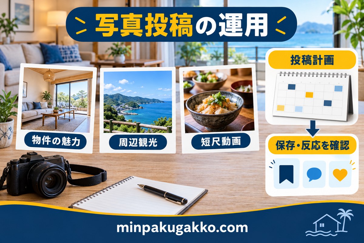民泊の写真投稿を計画し反応を確認する図
