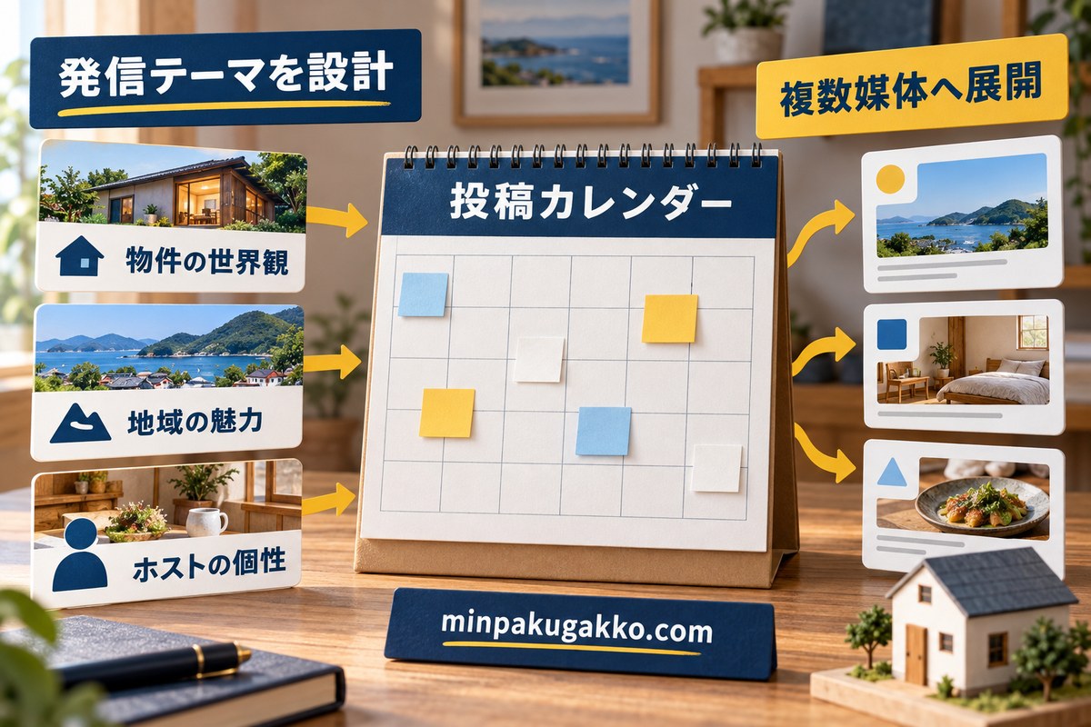 民泊SNSの発信テーマと投稿カレンダーを設計する図
