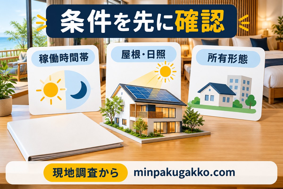 民泊の太陽光・蓄電池導入前に稼働時間帯・屋根日照・所有形態を確認する図