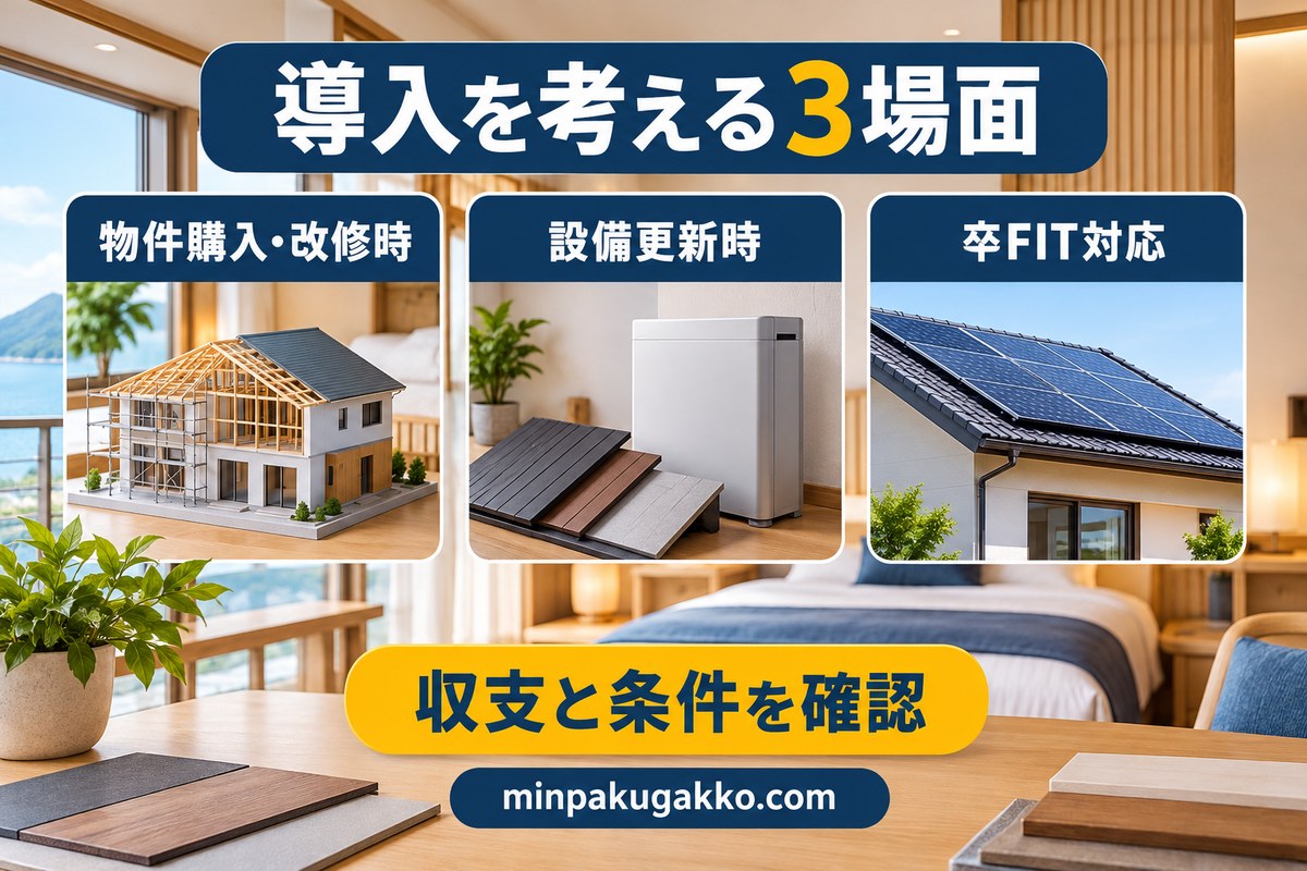 物件購入・設備更新・卒FIT対応で太陽光と蓄電池を検討する場面を示す図