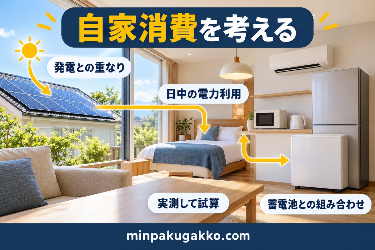 日中の電力利用と発電の重なりから自家消費を試算する考え方の図