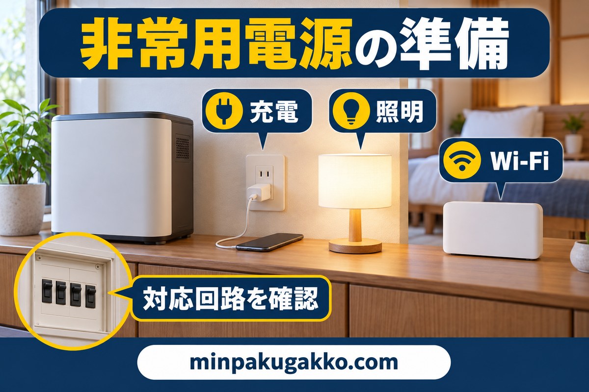 停電時に充電・照明・Wi-Fiを使うため対応回路を確認する図