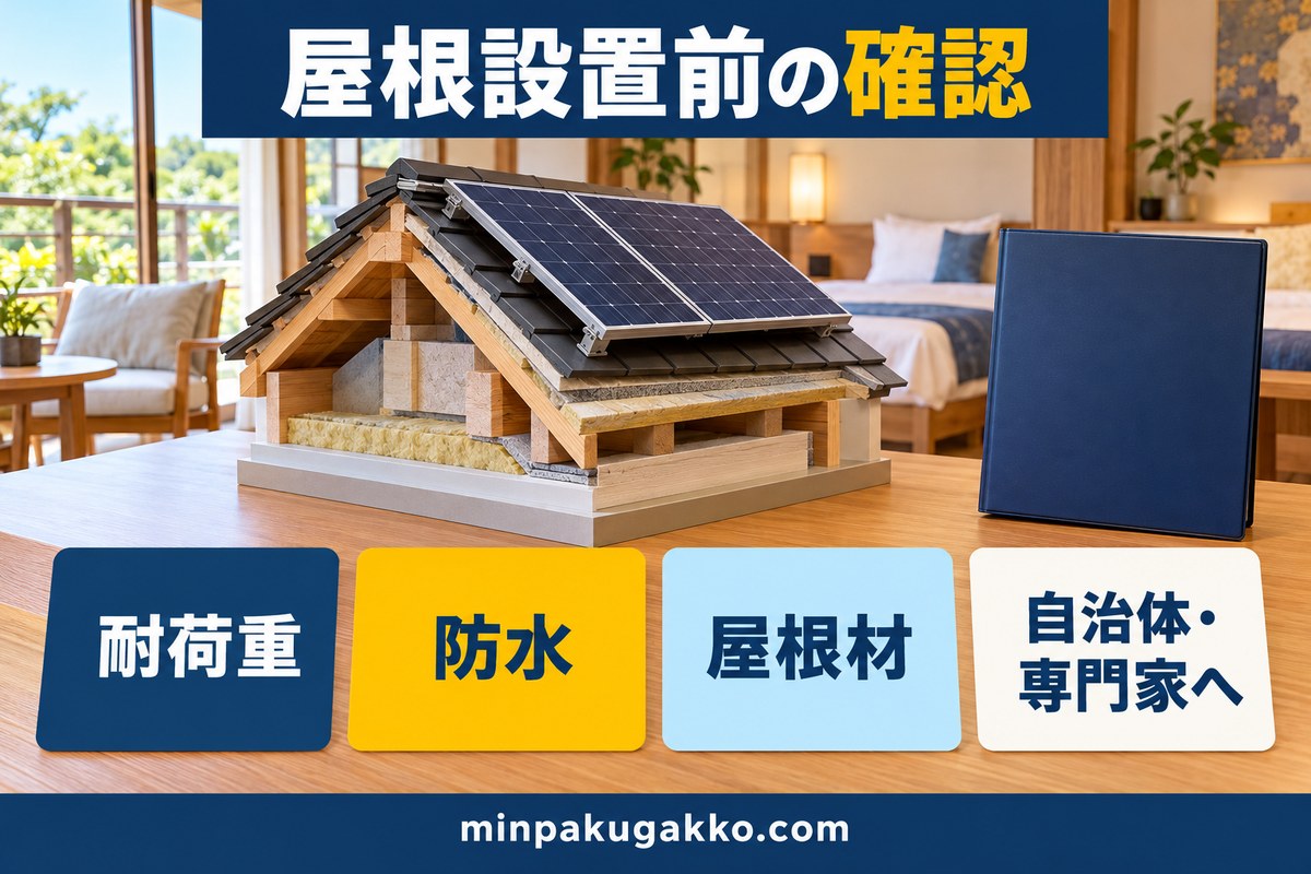 太陽光パネル設置前に耐荷重・防水・屋根材を確認する図