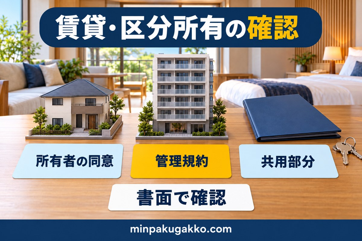 賃貸・区分所有で所有者の同意・管理規約・共用部分を確認する図