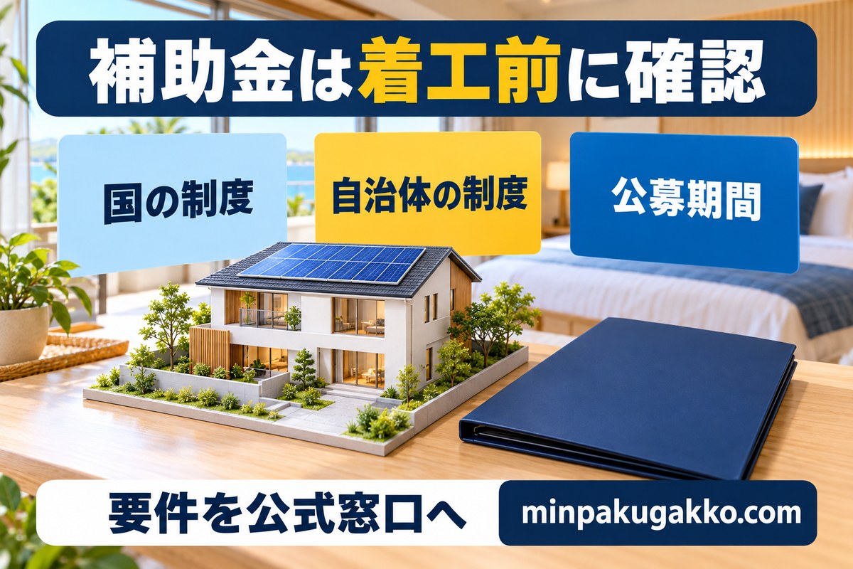 太陽光・蓄電池の補助金を着工前に国・自治体・公募期間から確認する図