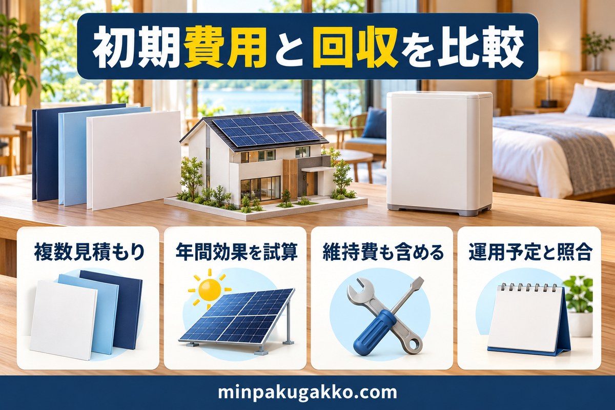 太陽光・蓄電池の初期費用・年間効果・維持費・運用予定を比較する図