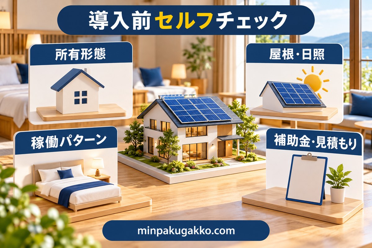 所有形態・屋根日照・稼働パターン・補助金見積もりを確認する導入フロー図