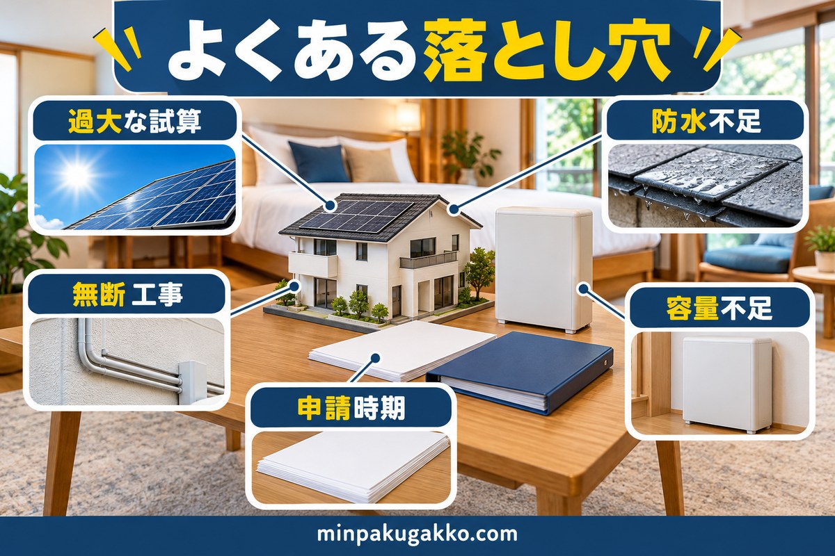 太陽光・蓄電池で過大試算・防水不足・無断工事・申請時期・容量不足を防ぐ図