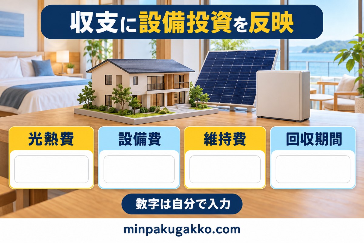 民泊収支に光熱費・設備費・維持費・回収期間を反映して試算する図