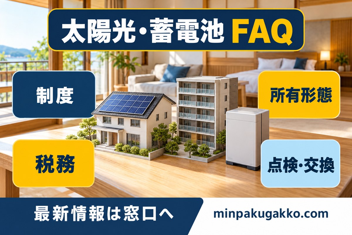 太陽光・蓄電池の制度・所有形態・税務・点検交換に関するFAQ図