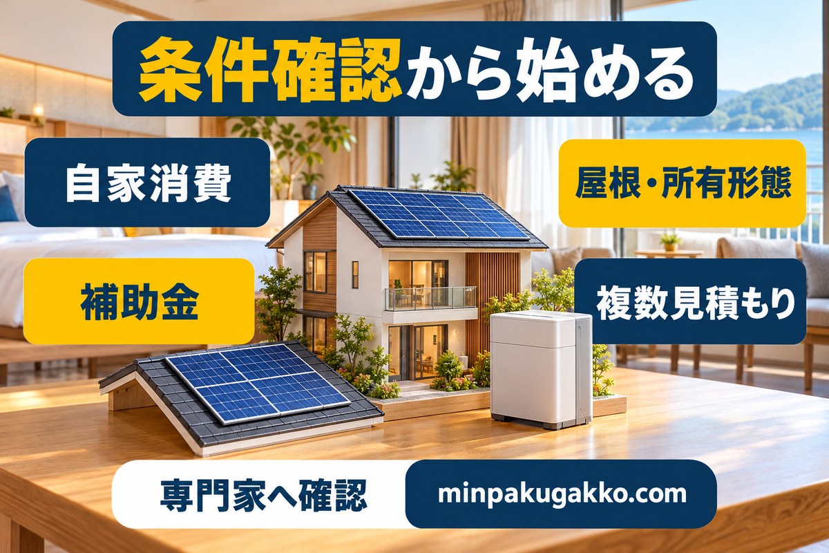 自家消費・屋根所有形態・補助金・複数見積もりから太陽光導入条件を確認する図